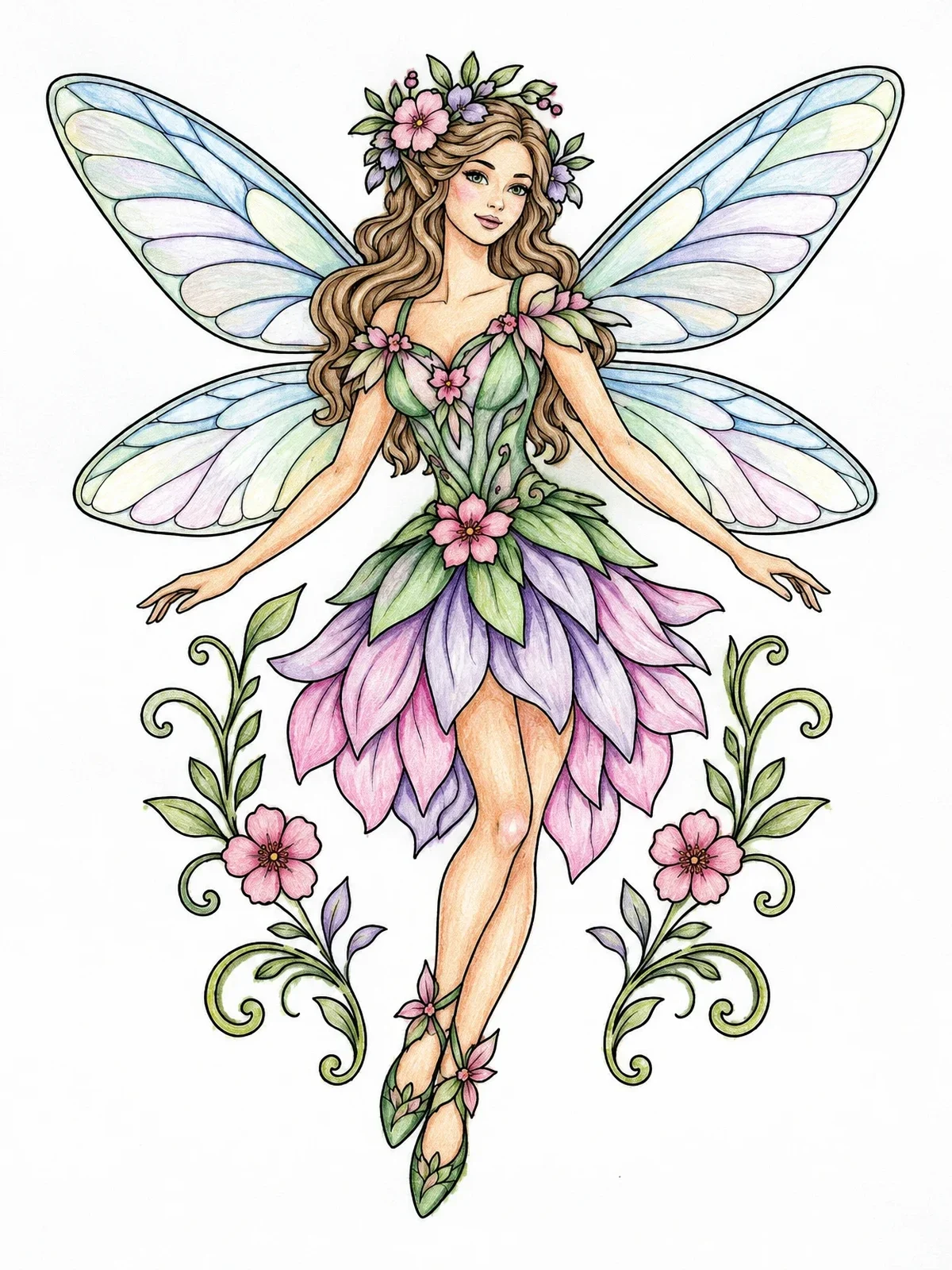 Colored example of the Graceful Flower Fairy With Wings coloring page