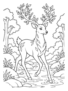 A magical deer spirit coloring page featuring blooming leafy antlers in a stream.