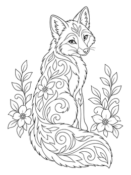 An intricate fox coloring page showing a seated fox looking over its shoulder surrounded by flowers.