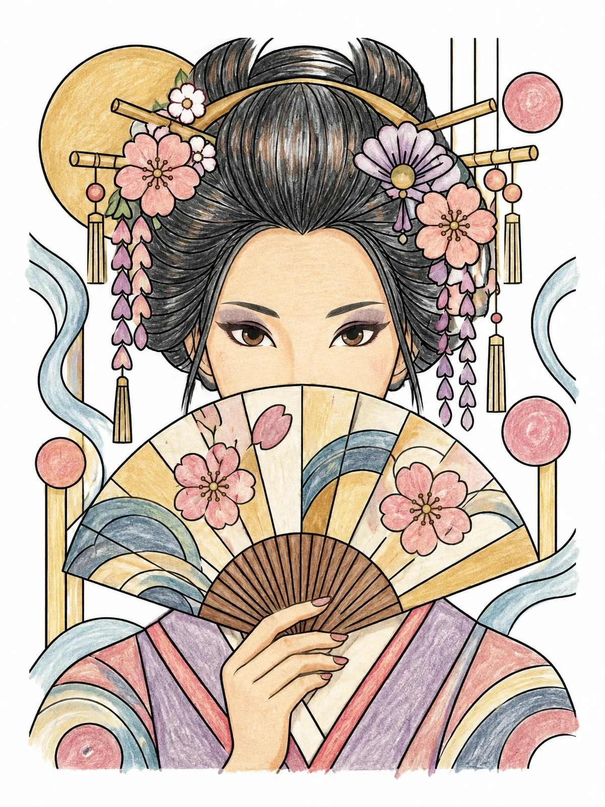 Colored example of the Graceful Geisha With Folding Fan coloring page