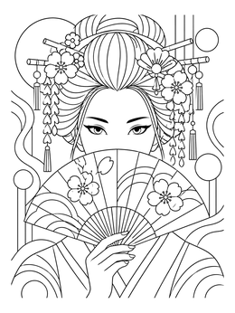 Detailed geisha coloring page showing an elegant woman holding an ornate folding fan before her face.