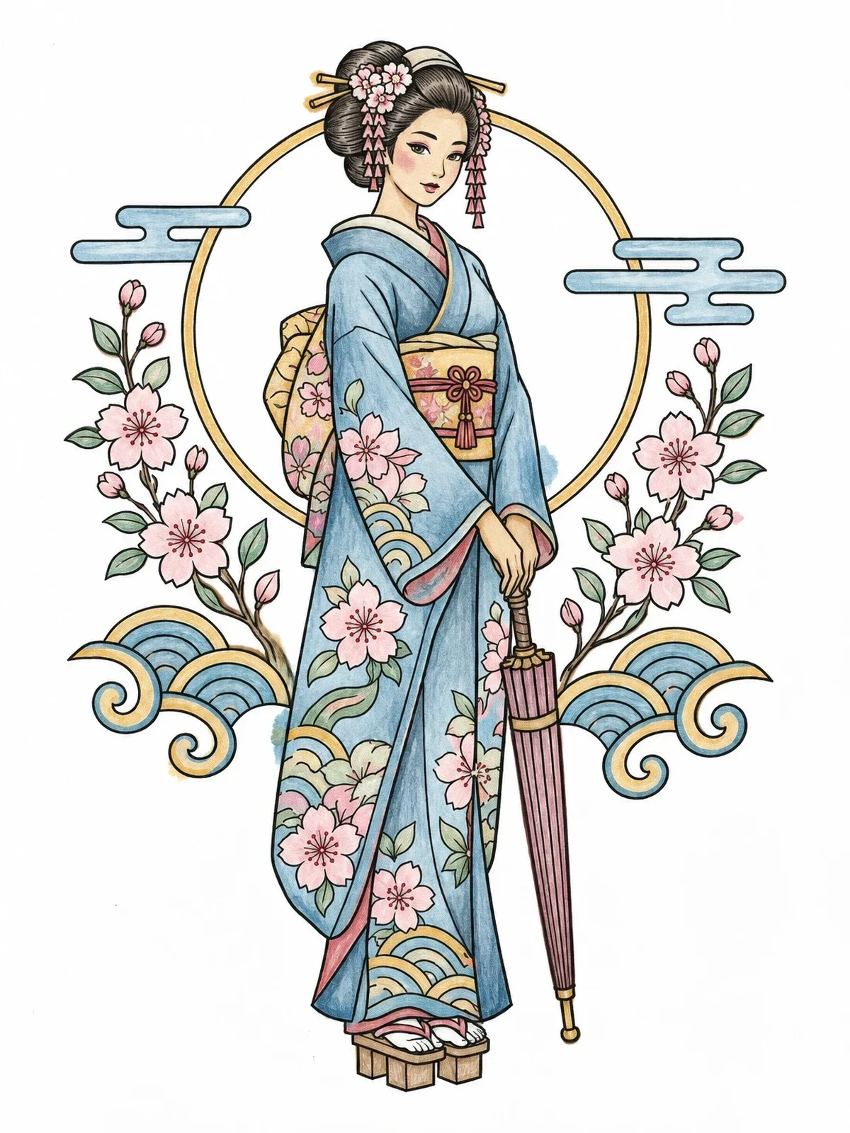 Colored example of the Graceful Geisha With Parasol And Cherry Blossoms coloring page