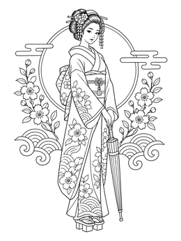 An elegant geisha coloring page showing a woman in floral kimono holding an umbrella.