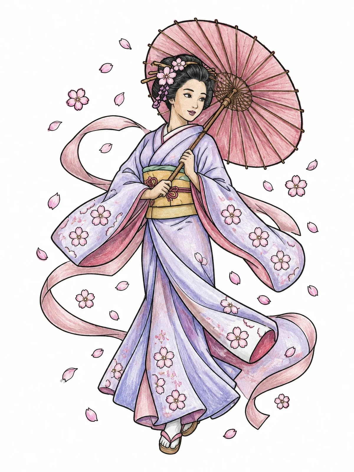Colored example of the Graceful Geisha With Umbrella And Cherry Blossoms coloring page