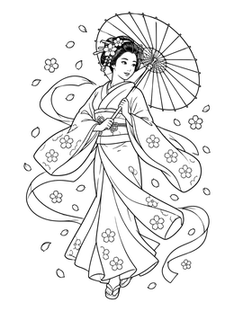 A graceful geisha coloring page showing her holding a traditional parasol among falling sakura petals.