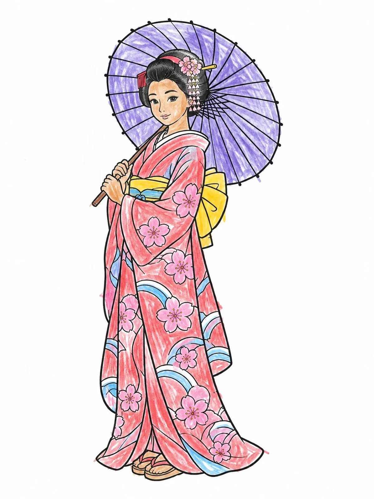 Colored example of the Graceful Geisha With Parasol coloring page