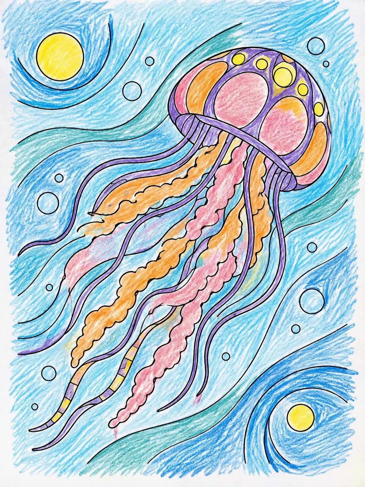 Colored example of the Graceful Jellyfish Drifting In Currents coloring page