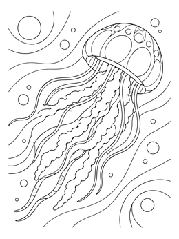 A detailed jellyfish coloring page drifting diagonally among bubbles and smooth waves.