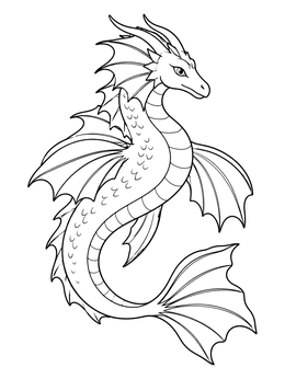 An aquatic sea dragon coloring page featuring webbed fins and a curved tail.