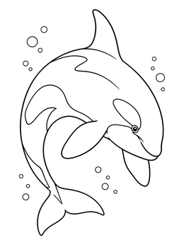 An orca whale coloring page featuring a killer whale diving smoothly underwater amid bubbles.