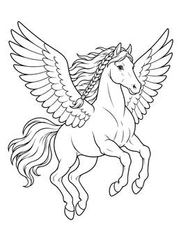 A detailed pegasus coloring page showing the winged horse in mid-air with a braided mane.
