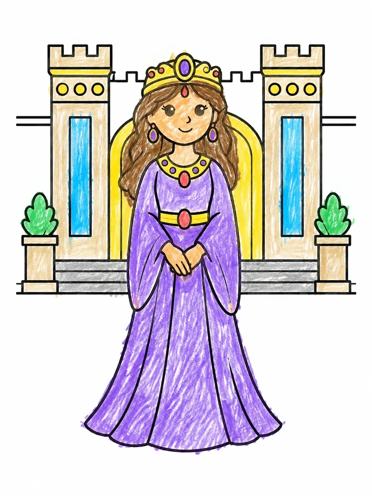 Colored example of the Graceful Queen Before The Castle coloring page