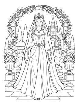 A queen coloring page showing an elegant royal lady framed by a blooming rose arch in front of a castle.