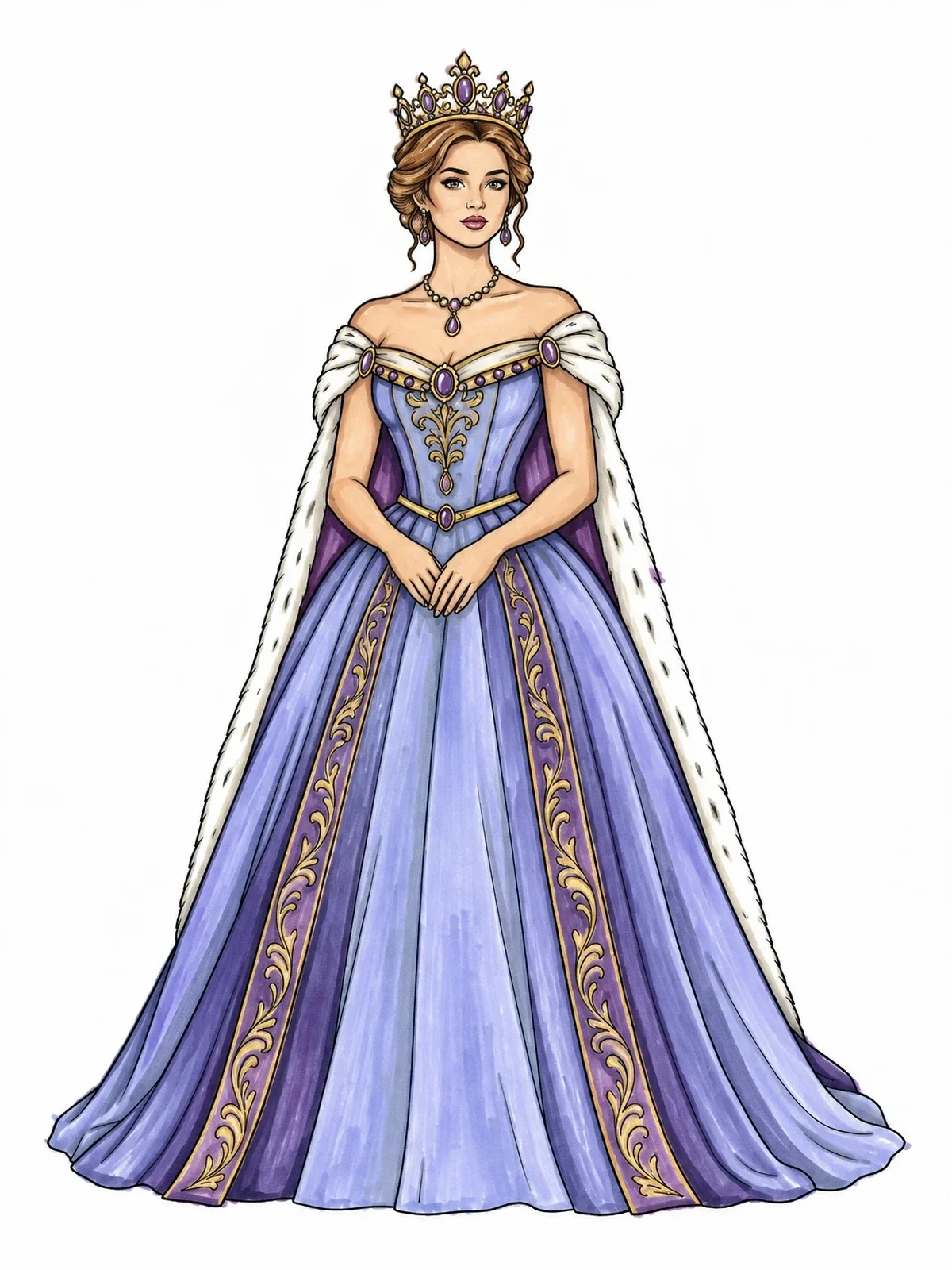 Colored example of the Graceful Queen In Ballgown coloring page