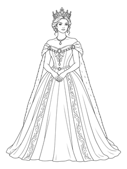 A queen coloring page showing a royal lady in a jeweled crown and elegant ballgown.