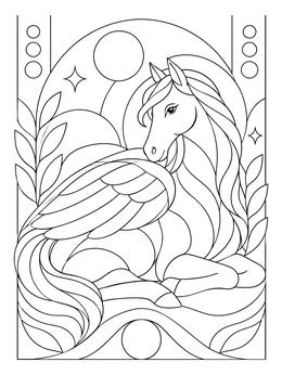 A serene pegasus coloring page featuring a winged horse resting within a decorative frame.