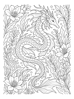An intricate sea dragon coloring page surrounded by lush aquatic foliage and blossoms.