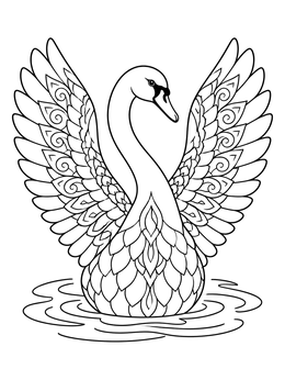 An ornate swan coloring page showing symmetrical patterned wings raised over calm water ripples.