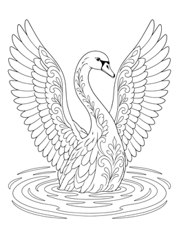 An ornate swan coloring page showing symmetrical wings spread over calm ripples.
