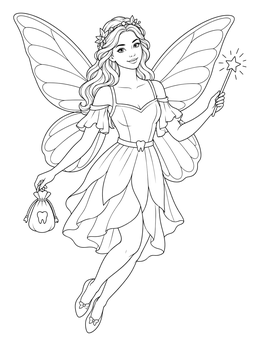 A detailed tooth fairy coloring page featuring a winged fairy holding a magic wand and a tooth pouch.