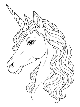 A detailed unicorn emoji coloring page featuring a spiral horn and wavy mane.