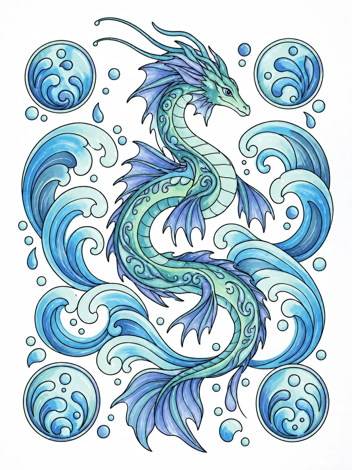 Colored example of the Graceful Water Dragon In Waves coloring page