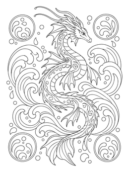 Free printable Graceful Water Dragon In Waves coloring page