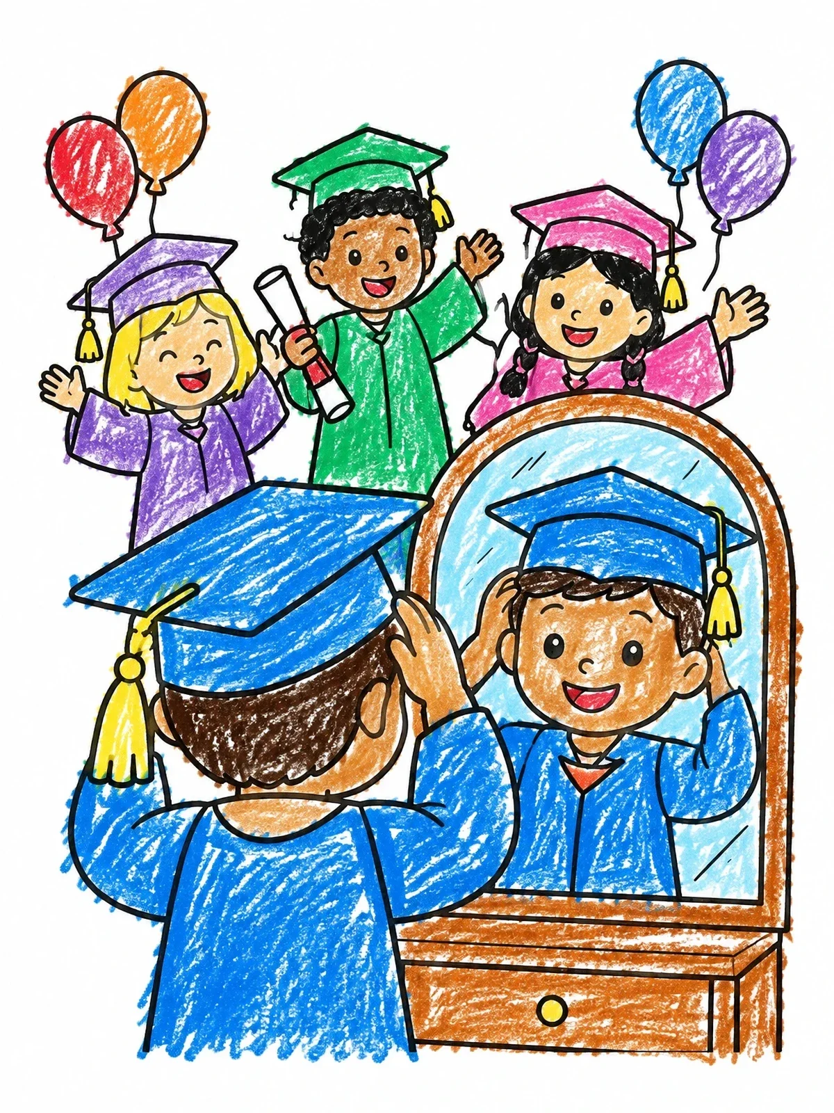 Colored example of the Graduation Boy At The Mirror coloring page