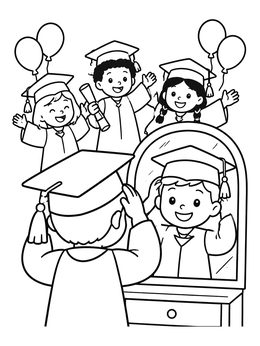 A happy boy adjusts his cap in the mirror in this graduation coloring page.
