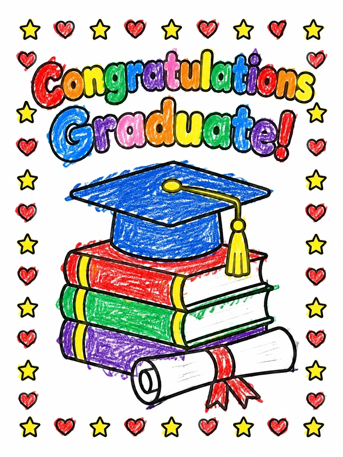 Colored example of the Graduation Cap And Book Stack coloring page