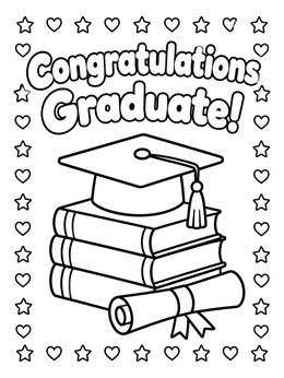 A graduation coloring page featuring a mortarboard on stacked books with a diploma.