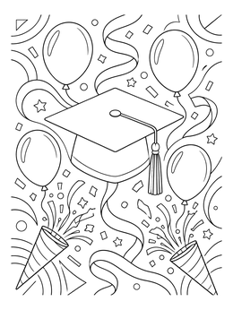 A graduation coloring page featuring a mortarboard surrounded by party poppers, balloons, and ribbons.