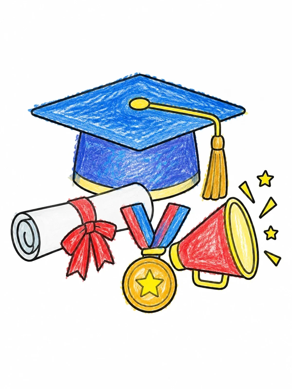 Colored example of the Graduation Cap, Diploma, And Medal coloring page