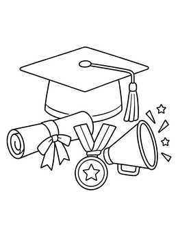 A graduation coloring page featuring a mortarboard cap, rolled diploma, medal, and cheering megaphone.