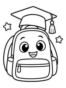 A cheerful cartoon backpack wearing a mortarboard in this graduation coloring page.