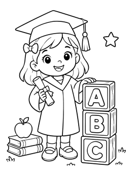 A happy preschool graduate with a diploma and ABC blocks on this graduation coloring page.