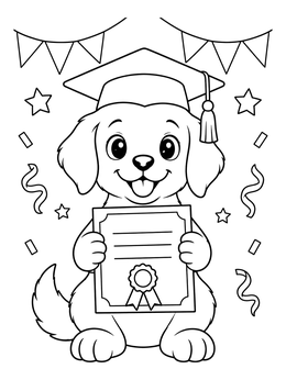 A cheerful puppy wearing a mortarboard holding a certificate in this graduation coloring page.