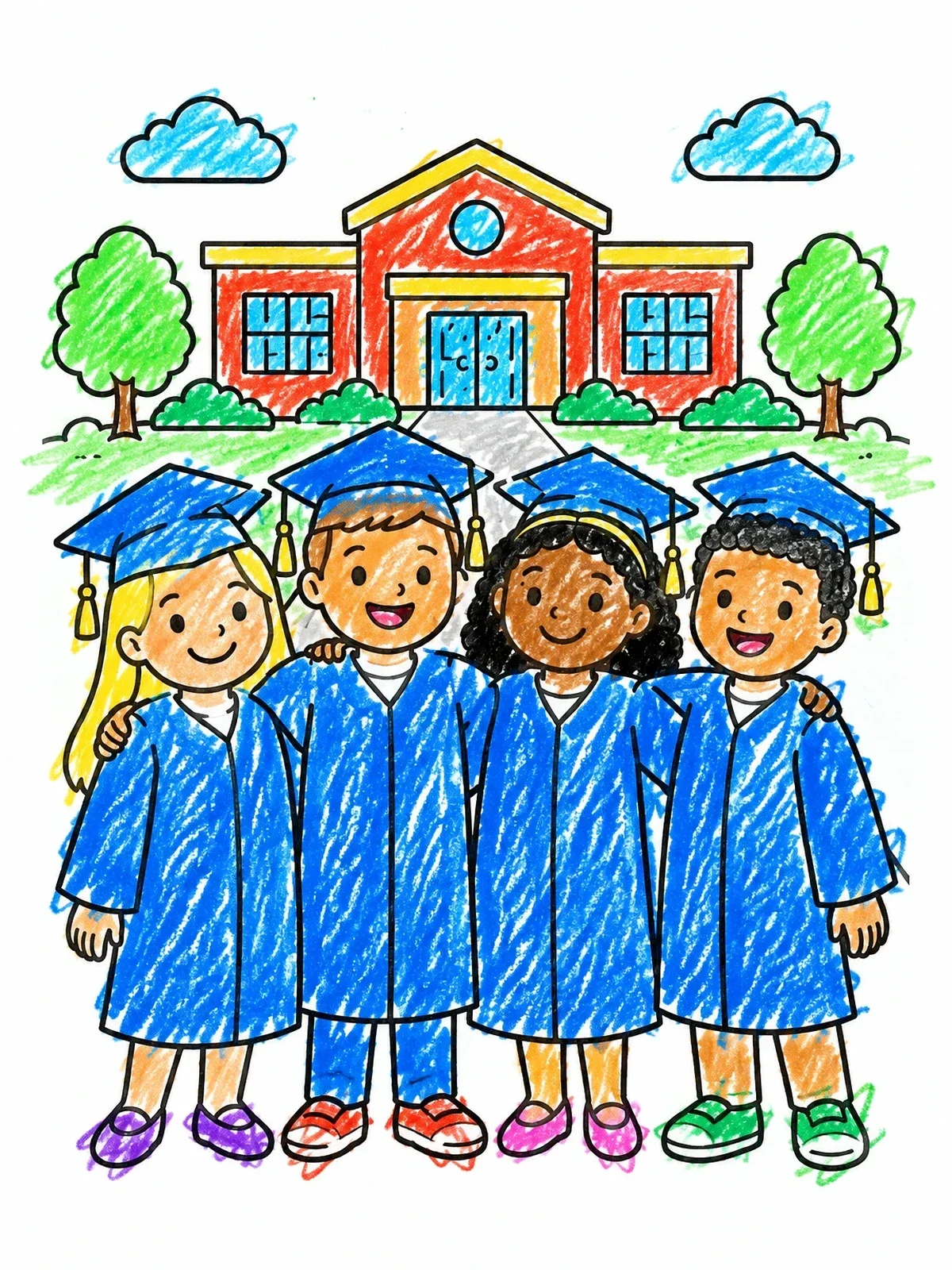 Colored example of the Graduation Friends Outside School coloring page