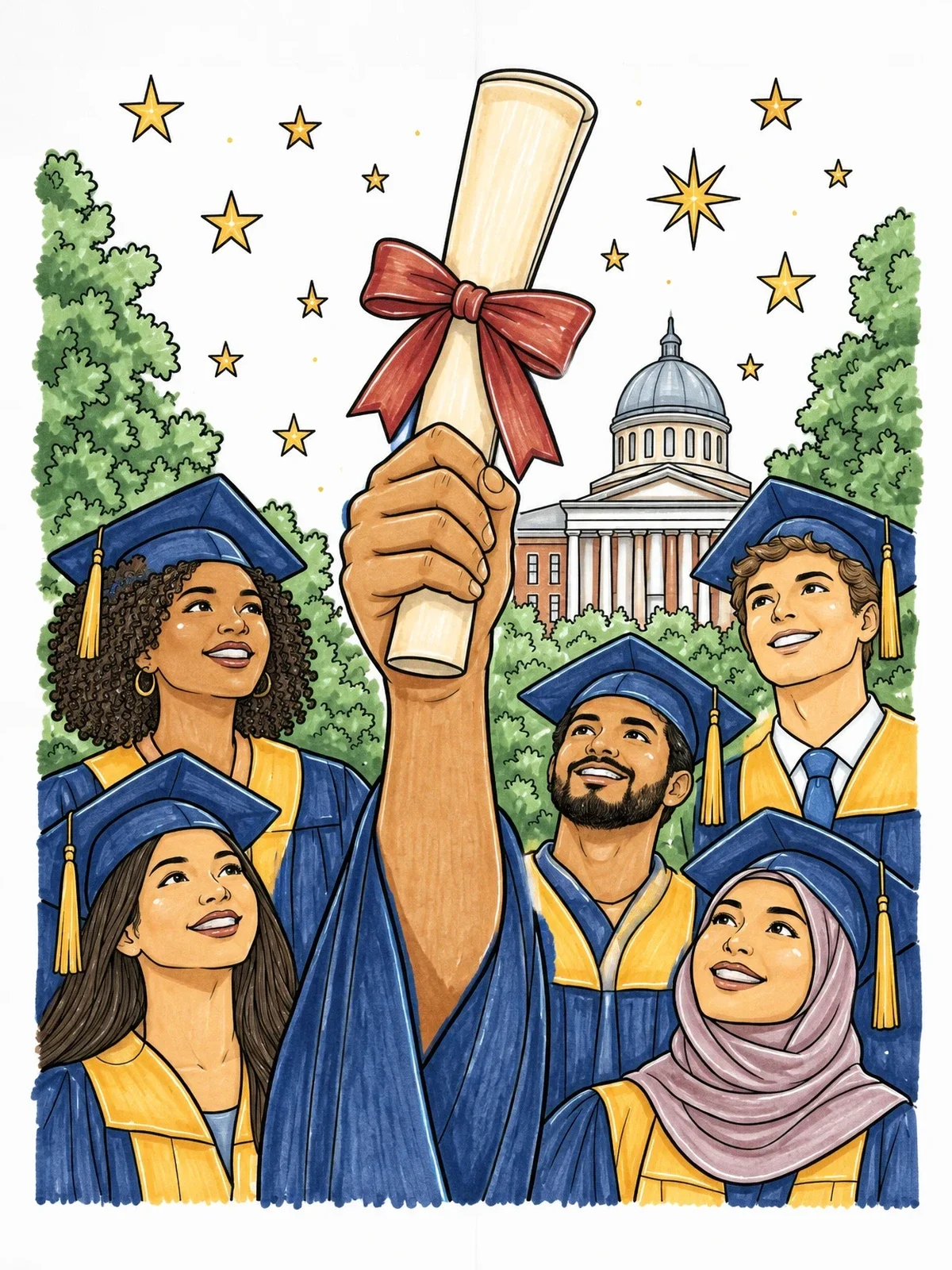 Colored example of the Graduates Celebrating With Raised Diploma coloring page