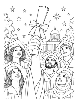 Students look up as a diploma is held high in this graduation coloring page.
