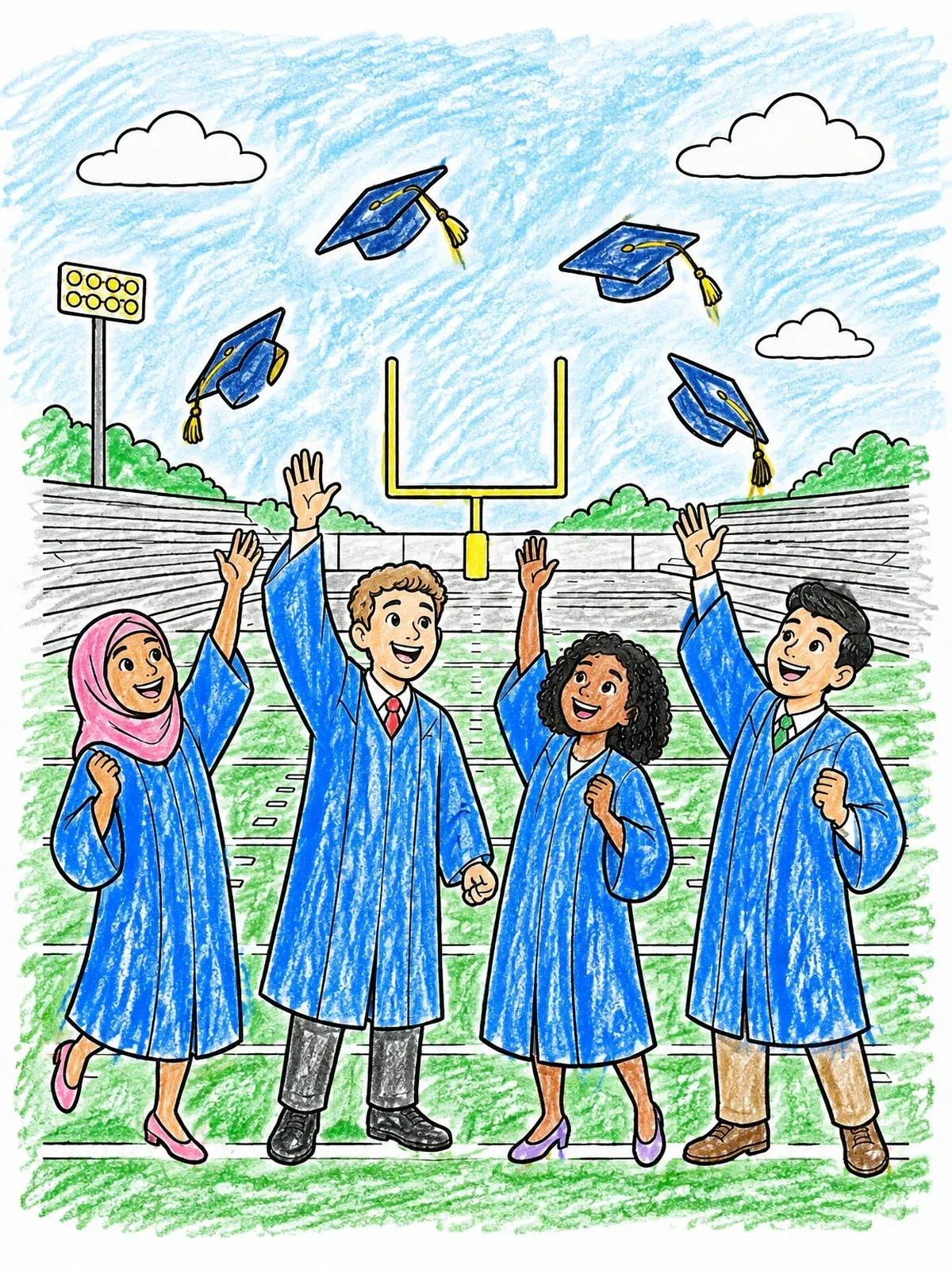 Colored example of the Graduates Tossing Caps On Stadium Field coloring page