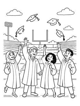 A cheerful graduation coloring page with students tossing their caps in a stadium.