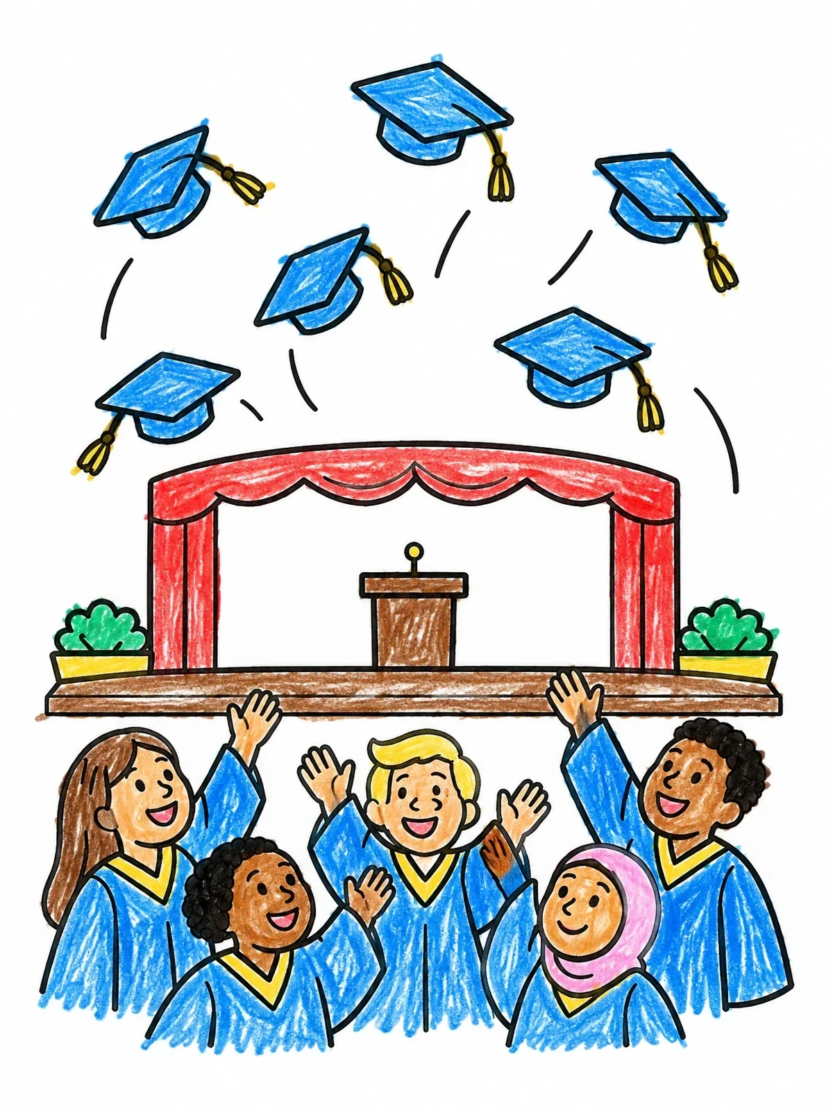 Colored example of the Graduates Tossing Caps By The Stage coloring page