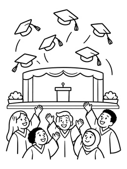 Free printable Graduates Tossing Caps By The Stage coloring page