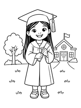 A smiling little girl in a cap and gown holds her diploma on this graduation coloring page.