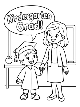 A happy child holding hands with his teacher on this graduation coloring page.