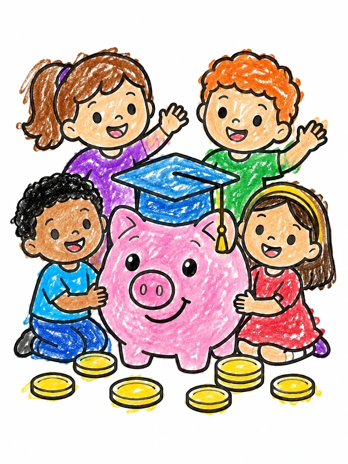 Colored example of the Graduation Piggy Bank With Cheerful Children coloring page