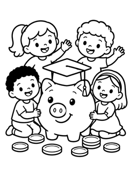 Free printable Graduation Piggy Bank With Cheerful Children coloring page