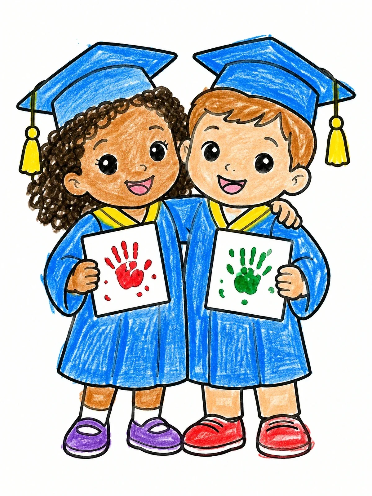 Colored example of the Preschool Graduates With Handprint Art coloring page