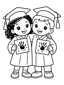 Preschool graduates holding handprint pictures on a graduation coloring page.
